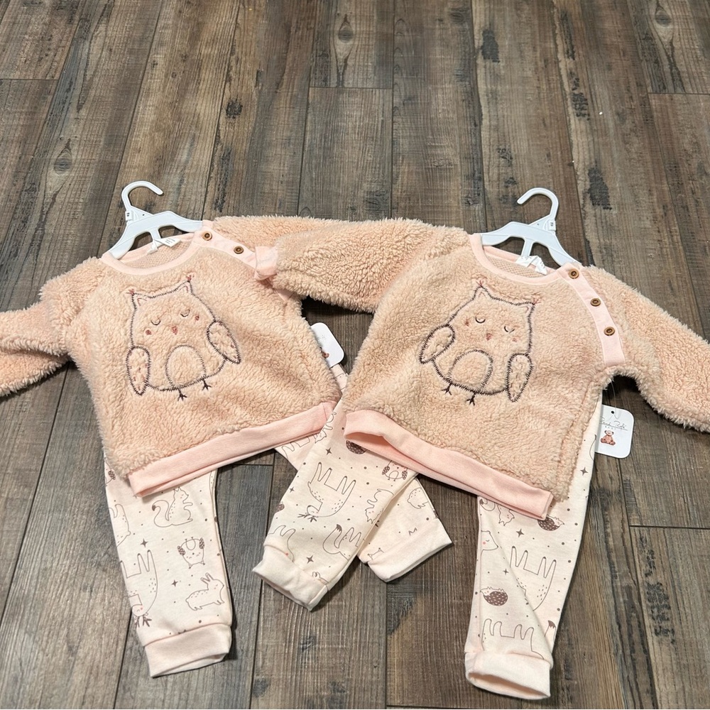 TWINS Rene Rofe Girls 18 Months 2 Piece Plush Pink Owl Top/Pant Set Outfit NWT